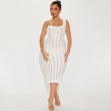 Solid Color One Shoulder Sleeveless Wrapped Chest Knitted Hollow Tight Wrapped Hip Sexy Fashion Featured Dress Mid Dress