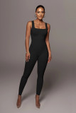 Women's solid color sleeveless vest jumpsuit with threaded square neck, open back, buttocks, and slim fitting jumpsuit