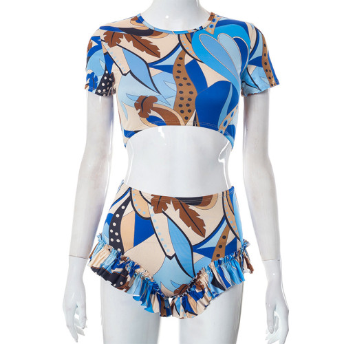 Printed navel exposed short sleeved top with wooden ear edge shorts casual set