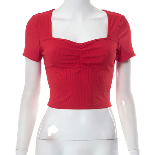 Solid ribbed pleated square neck short sleeved navel exposed T-shirt top