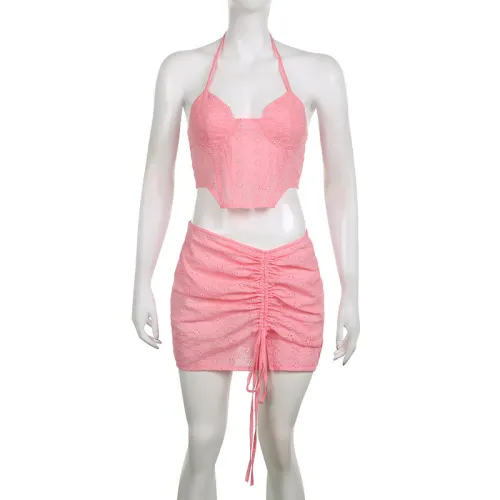Solid lace hollowed out suspender with irregular navel wrap and high waisted drawstring pleated skirt two-piece set