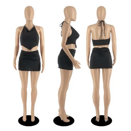 Fashion Hanging Neck Open Back Pleated Skirt Set