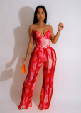 Women's suit printed tassel lace suspender jumpsuit two-piece set with micro flares