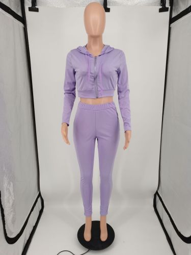 Women's Zipper Hooded Fashion Casual Solid Sport Two Piece Set