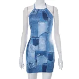 Casual sleeveless neck tie denim print backless short dress