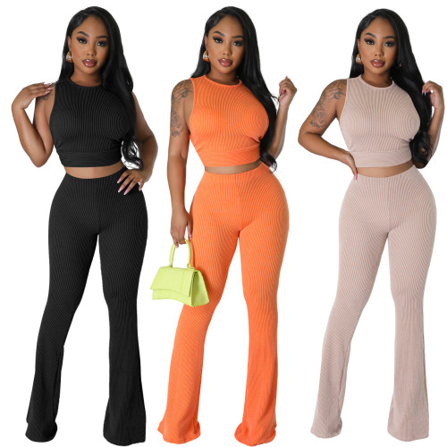 Shang Leisure Set Solid Color Pit Stripe Sleeveless Micro Ragged Pants Two Piece Set