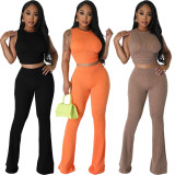 Women's Sexy Solid Color Round Neck Sleeveless High Bullet Pit Flare Pants Two Piece Set