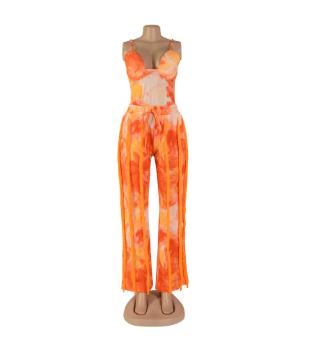 Women's suit printed tassel lace suspender jumpsuit two-piece set with micro flares