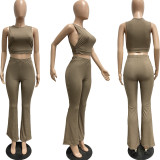 Women's Sexy Solid Color Round Neck Sleeveless High Bullet Pit Flare Pants Two Piece Set