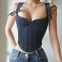 Sexy Low Neck Strap Wrapped Waist Shows Slim Spicy Girl Denim Tank Top