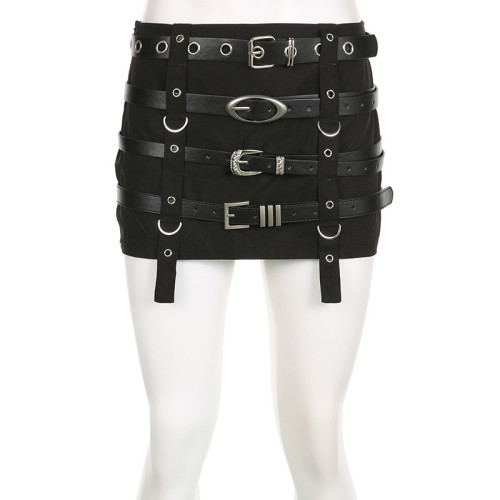 Punk style design with belt stitching and heavy work A-line short skirt