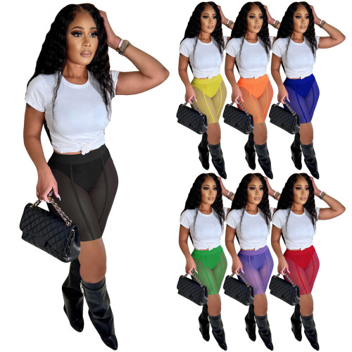 Fashion Women's Sexy Mesh Nightclub Perspective Casual Tight Capris Shorts with Underwear