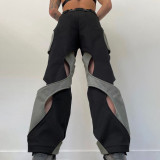 Irregular stitching with a design sense, hollowed out contrast color casual pants for women's clothing