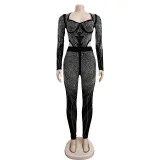 Fashion women's solid color mesh hot diamond long sleeved pants jumpsuit