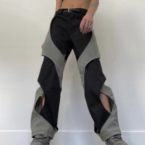 Irregular stitching with a design sense, hollowed out contrast color casual pants for women's clothing