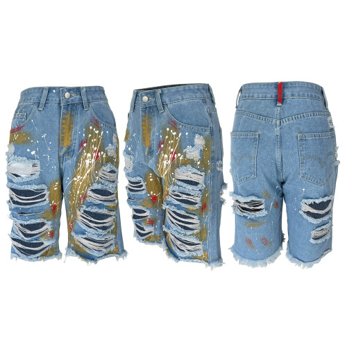 Colorful hand-painted slush torn jeans