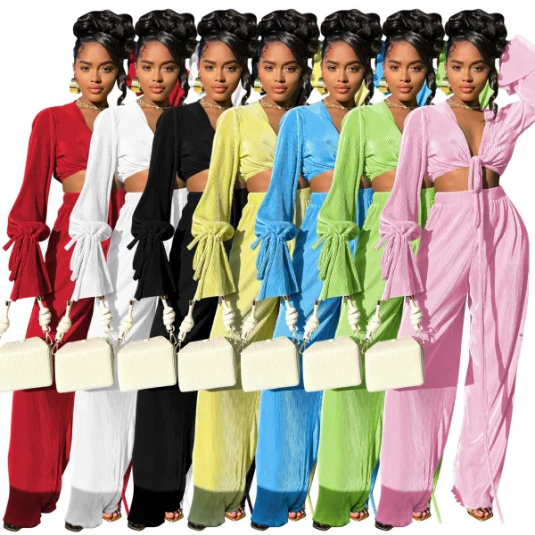Women's pleated and banded wide leg pants set