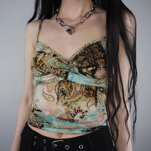 Abstract printed pleated sexy V-neck backless thin outerwear strap vest