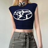 Star print contrasting color basic slim fitting camisole with exposed navel short T-shirt top