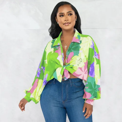 Bat sleeve top with lapel print shirt