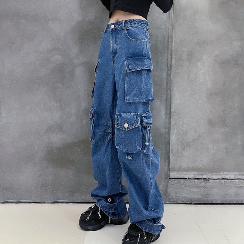 Multi bag wide leg jeans fashionable cargo pants hip-hop super cool series pants