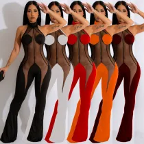Women's Fashion Solid Color Mesh Splice Hanging Neck Open Back Strap Flare Hem Sexy Jumpsuit