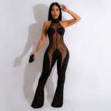 Women's Fashion Solid Color Mesh Splice Hanging Neck Open Back Strap Flare Hem Sexy Jumpsuit