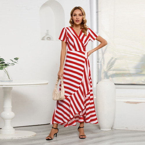 Fashion Slim Fit Temperament Stripe Large Swing Dress Women's Large Irregular Dress