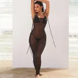 Fashionable and Sexy Open Back Perspective Mesh Lace up Dress