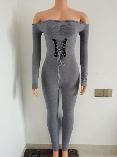 Women's autumn and winter sexy hip-lifting thin waist off-shoulder jumpsuit FF1053