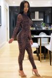 Fashion Snake Printed Round Neck Long Sleeves Perspective Jumpsuit FF1071