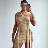 Personalized Slim Fit Lace Up One Shoulder Solid Color Dress