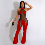 Women's Fashion Solid Color Mesh Splice Hanging Neck Open Back Strap Flare Hem Sexy Jumpsuit