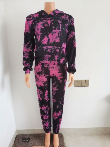 Sports Tie Dye Printed Long Sleeves Hooded Sweater With Trousers Two Piece Sets FF1055