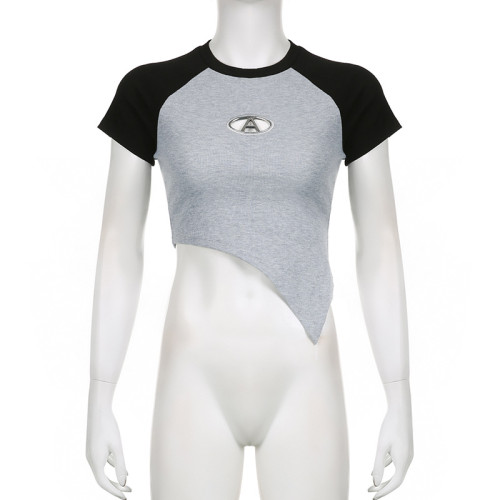 Slim Fit Short Contrast Raglan T-shirt Design Asymmetric Open Umbilical Hollow Letter Top