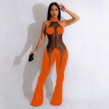 Women's Fashion Solid Color Mesh Splice Hanging Neck Open Back Strap Flare Hem Sexy Jumpsuit