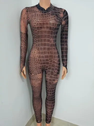 Fashion Snake Printed Round Neck Long Sleeves Perspective Jumpsuit FF1071