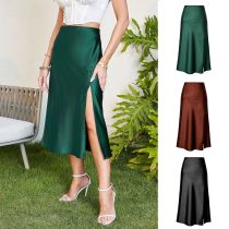 High waisted glossy satin skirt, high-end silk smooth solid color split long skirt, large swing skirt