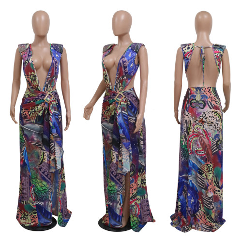 Fashion jumpsuit with long cape, digital printing, hot pressing and diamond two-piece set