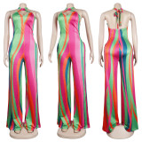 Printed strapping jumpsuit nightclub uniform