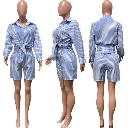 Casual shirt set, patch pocket, vertical stripe, summer thin two-piece set