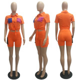 Shirt three-dimensional pocket with color matching short sleeved shorts two-piece set