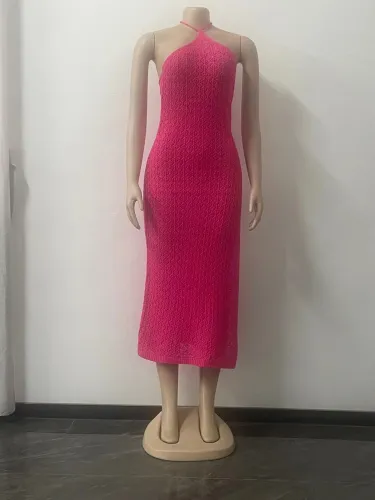 Sleeveless Temperament Split Knitted Dress Women's Hollow Out Hanging Neck Strap Sexy Open Back Qipao