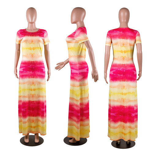 Casual fashion diagonal shoulder gradient multicolor dress