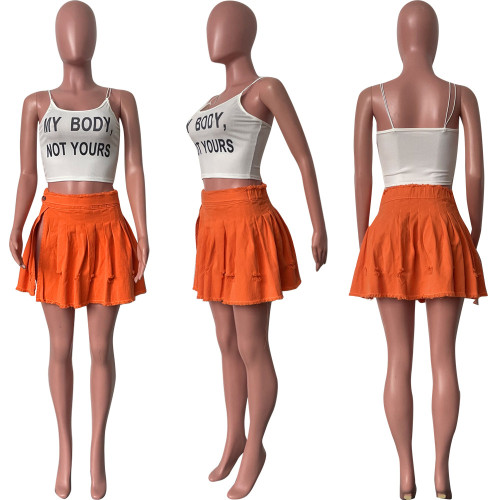 Perforated tassel street denim side slit half skirt solid color pleated short skirt