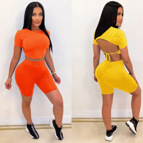 Sexy Beach Two Piece Fashion Open Button Capris Short Sleeve Solid Color Set