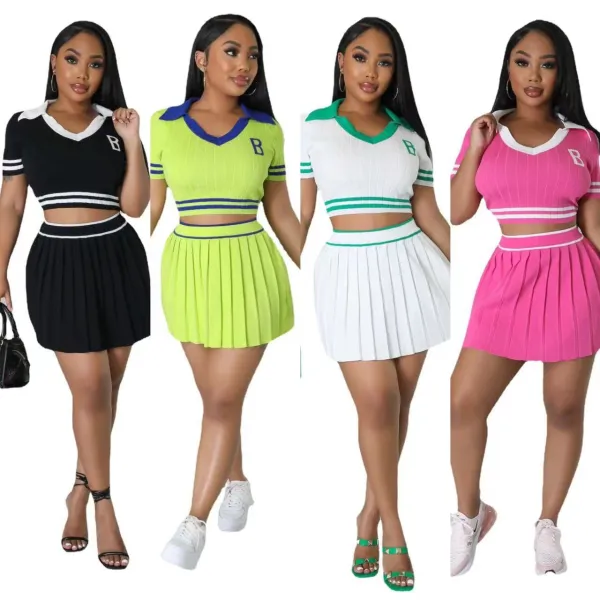 Women's knitted elastic sports 100 fold skirt sweater short set 4 colors