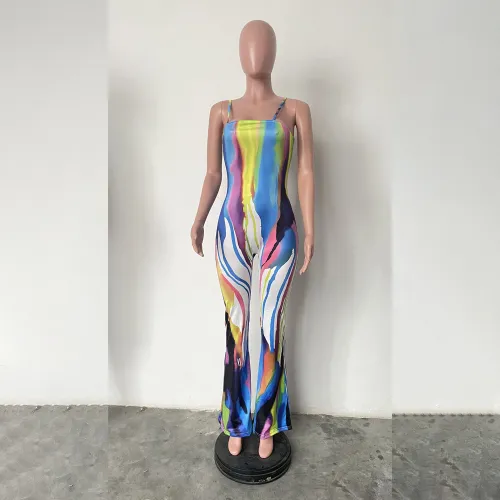 Sexy suspender graffiti positioning printed wide leg jumpsuit