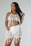 Sexy Perspective Knitted Hand Hook Tassel Beach Shorts Set