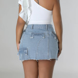 Personalized denim wash pocket split tassel skirt